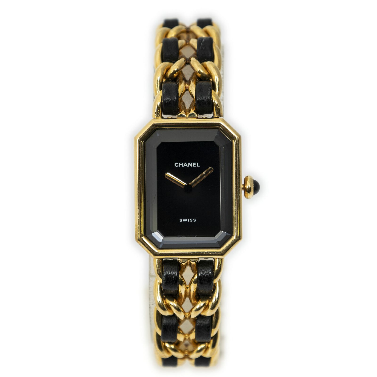 CHANELプルミエール 美品 ゴールド/ブラック CHANEL シャネル プルミエールM ブラック文字盤 ゴールドメッキ GP 革