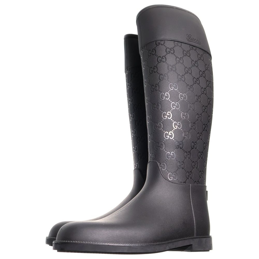 C*e様 ⭐️購入可能　GUCCI ブラック ロング　ブーツ GGロゴ　保証書あ GUCCI (グッチ) GG総柄 ロゴ ラバー レイン ロングブーツ ブラック