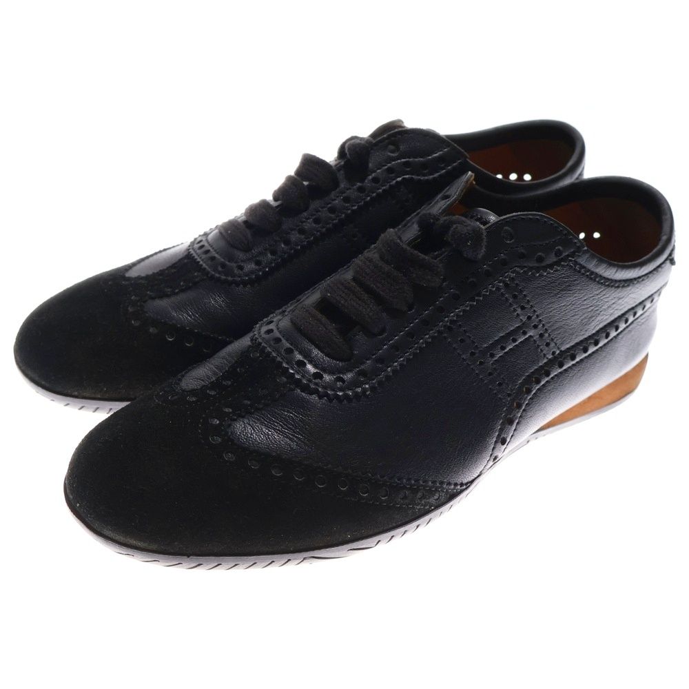 HERMES レザー 黒 レースアップシューズ HERMES (エルメス) ウィングチップ スエード コンビレザー レース