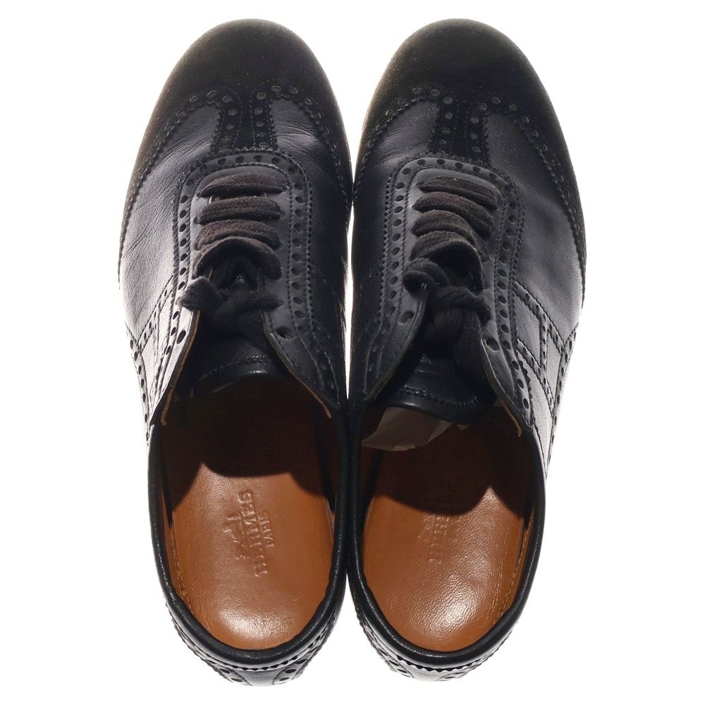 HERMES レザー 黒 レースアップシューズ HERMES (エルメス) ウィングチップ スエード コンビレザー レース