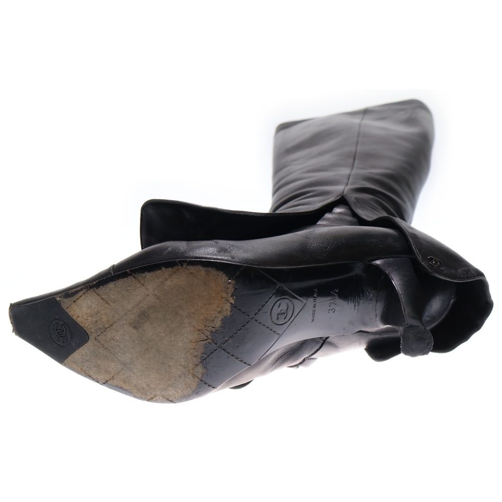 Chanel 黒 レザー ロングブーツファー付き ココマークロゴ