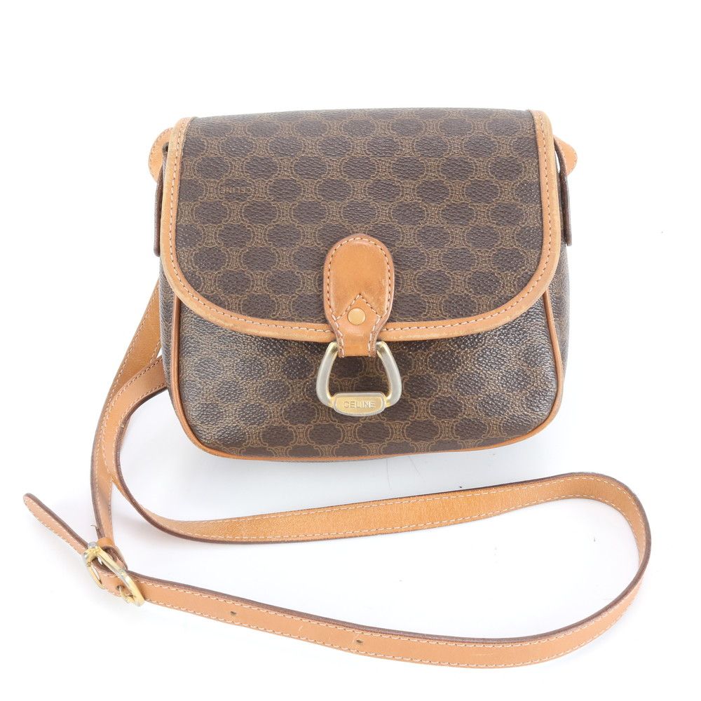 美品 ヴィンテージ セリーヌ マカダム レザー ショルダー バッグ 斜め