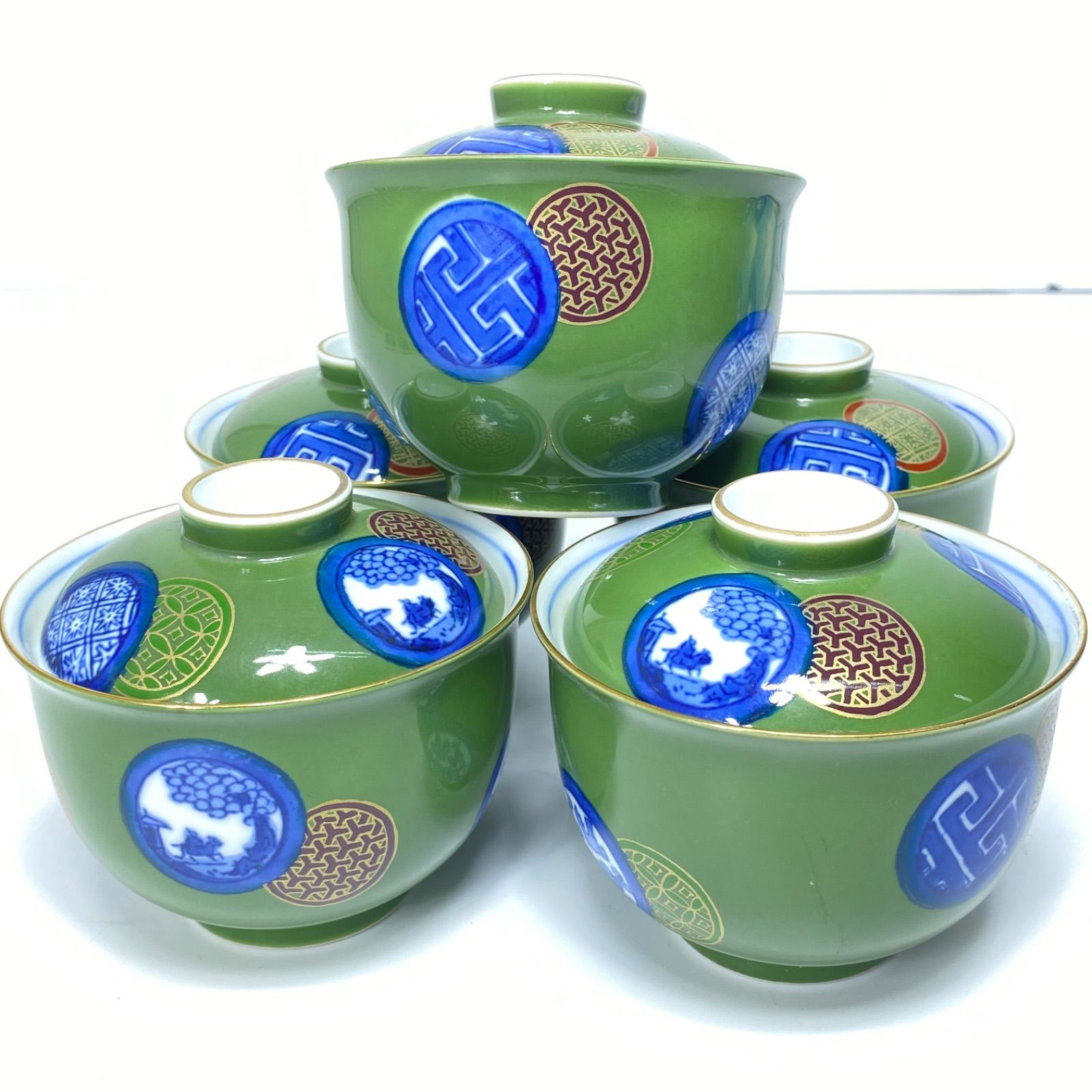 有田焼　福泉窯 蓋つき煮物椀 緑色と青色 2個セット 有田焼 福泉窯 蓋つき煮物椀 緑色と青色 2個セット 有田焼 福泉窯