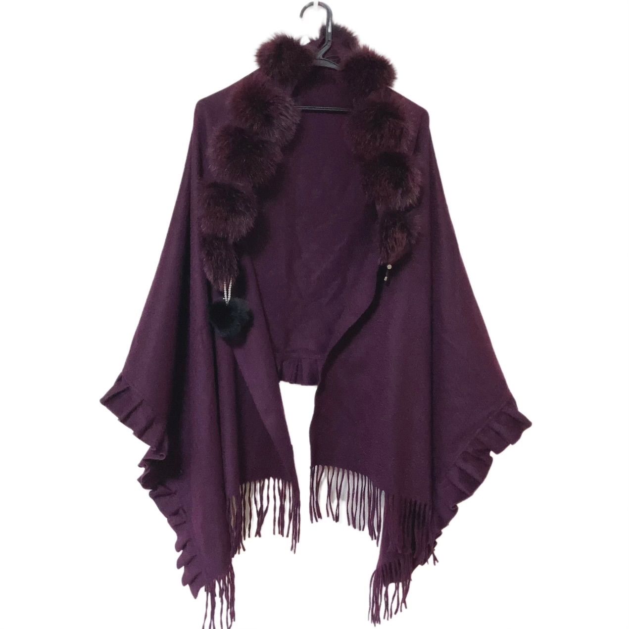 RE277【美品】LANVIN ランバン リアルファー付きショール 紫 パープル