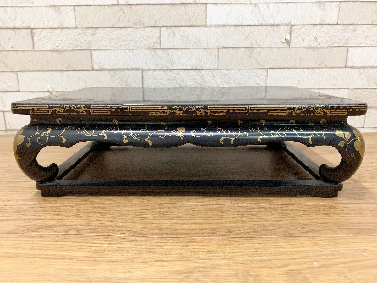 ◇時代物輪島塗平卓黒漆塗金蒔絵美術 漆器 花台 香炉台 唐草紋 盆栽台