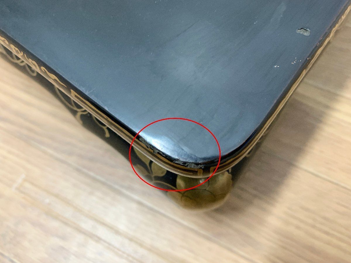 ◇時代物輪島塗平卓黒漆塗金蒔絵美術 漆器 花台 香炉台 唐草紋 盆栽台