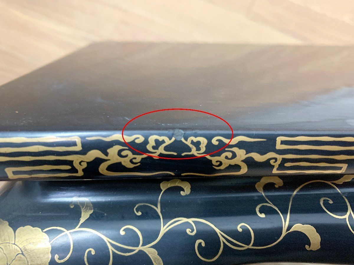 ◇時代物輪島塗平卓黒漆塗金蒔絵美術 漆器 花台 香炉台 唐草紋 盆栽台