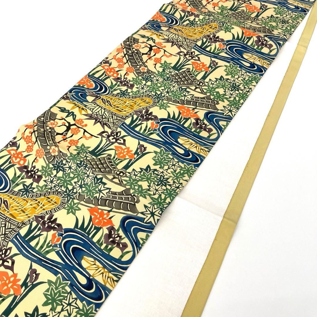 着物と帯 時流】N25561s◇正絹 九寸名古屋帯◇型染め 風景 草花 未使用