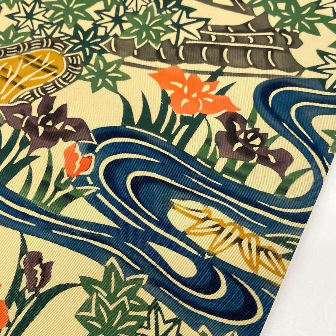 着物と帯 時流】N25561s◇正絹 九寸名古屋帯◇型染め 風景 草花 未使用