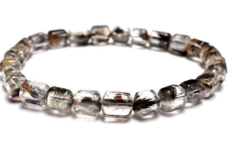 【１点物】AAA+ブルッカイト入り ブラックプラチナタイチンルチルクォーツ　6.5-8x6-6.5mm　チューブカット ブレスレット パワーストーン 天然石 _MC2867