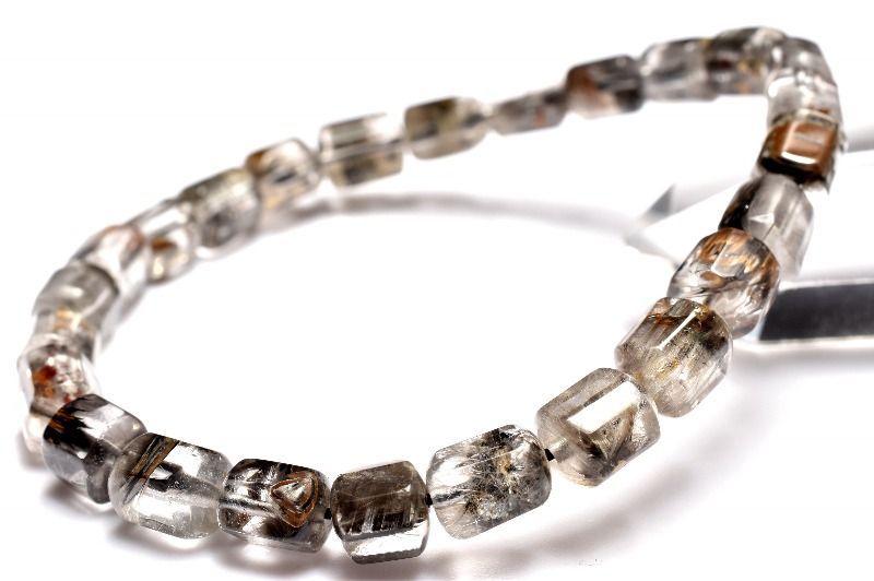 【１点物】AAA+ブルッカイト入り ブラックプラチナタイチンルチルクォーツ　6.5-8x6-6.5mm　チューブカット ブレスレット パワーストーン 天然石 _MC2867