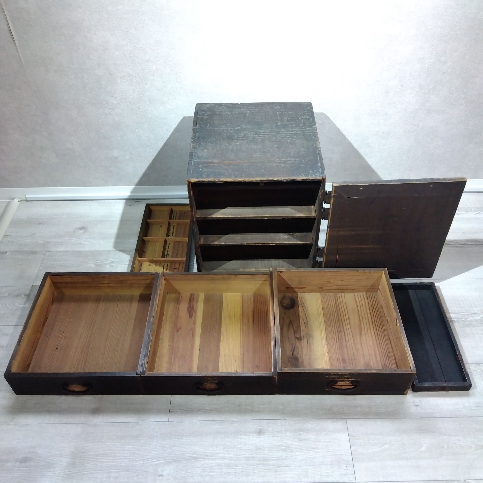 船箪笥 硯箱 書道具箱 鍵付き 小引き出し 木製 時代箪笥 古民具 骨董