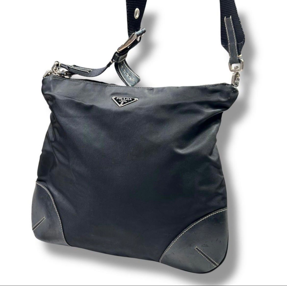 プラダ メッセンジャーバッグ レザー×ナイロン A4可 三角ロゴ 黒 PRADA メッセンジャー 三角ロゴ ナイロン レザーブラック PRADA