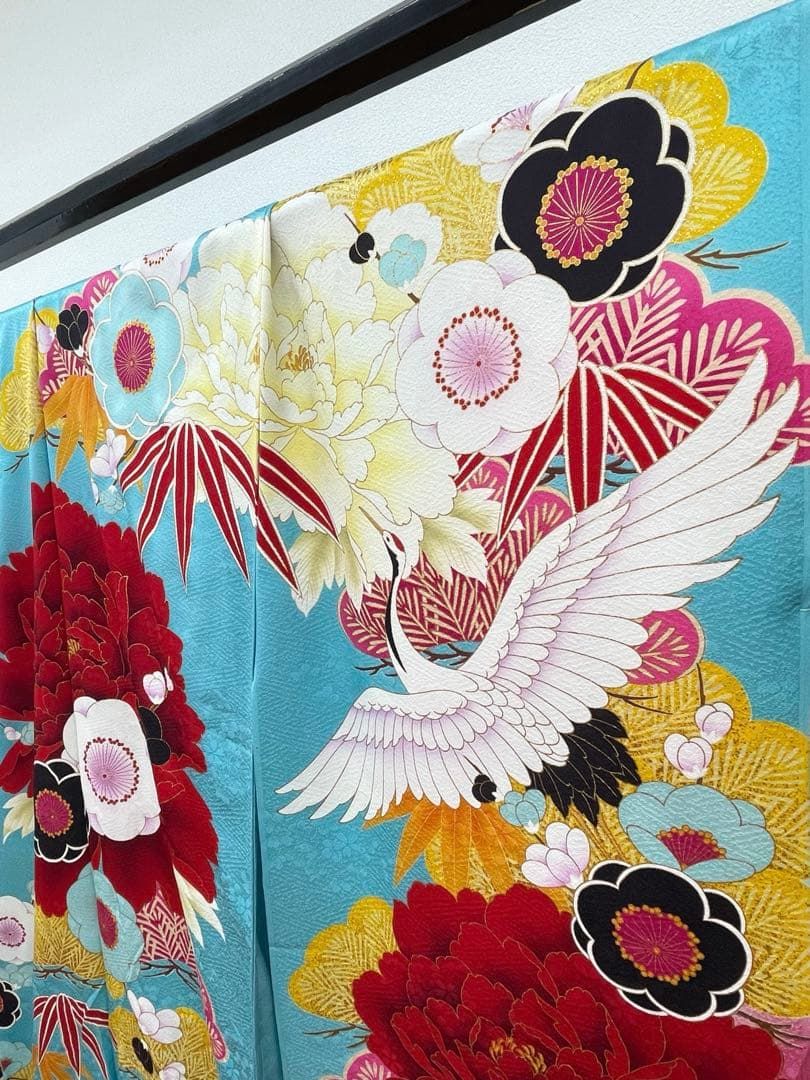 振袖 仮絵羽 金彩 紋意匠 刺繍 鶴 正絹 未仕立て品 八掛付き MOK849