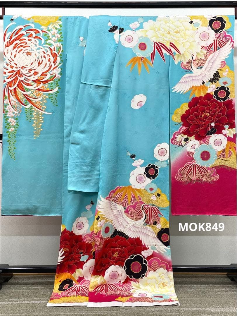 振袖 仮絵羽 金彩 紋意匠 刺繍 鶴 正絹 未仕立て品 八掛付き MOK849