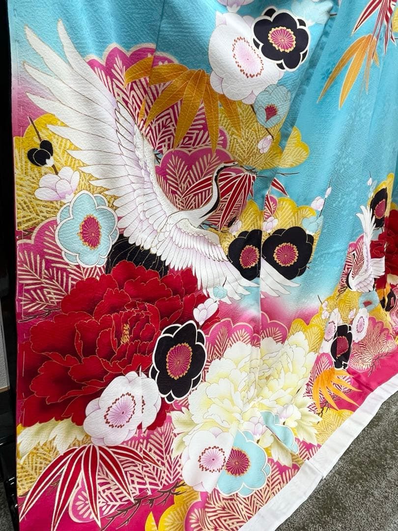 振袖 仮絵羽 金彩 紋意匠 刺繍 鶴 正絹 未仕立て品 八掛付き MOK849