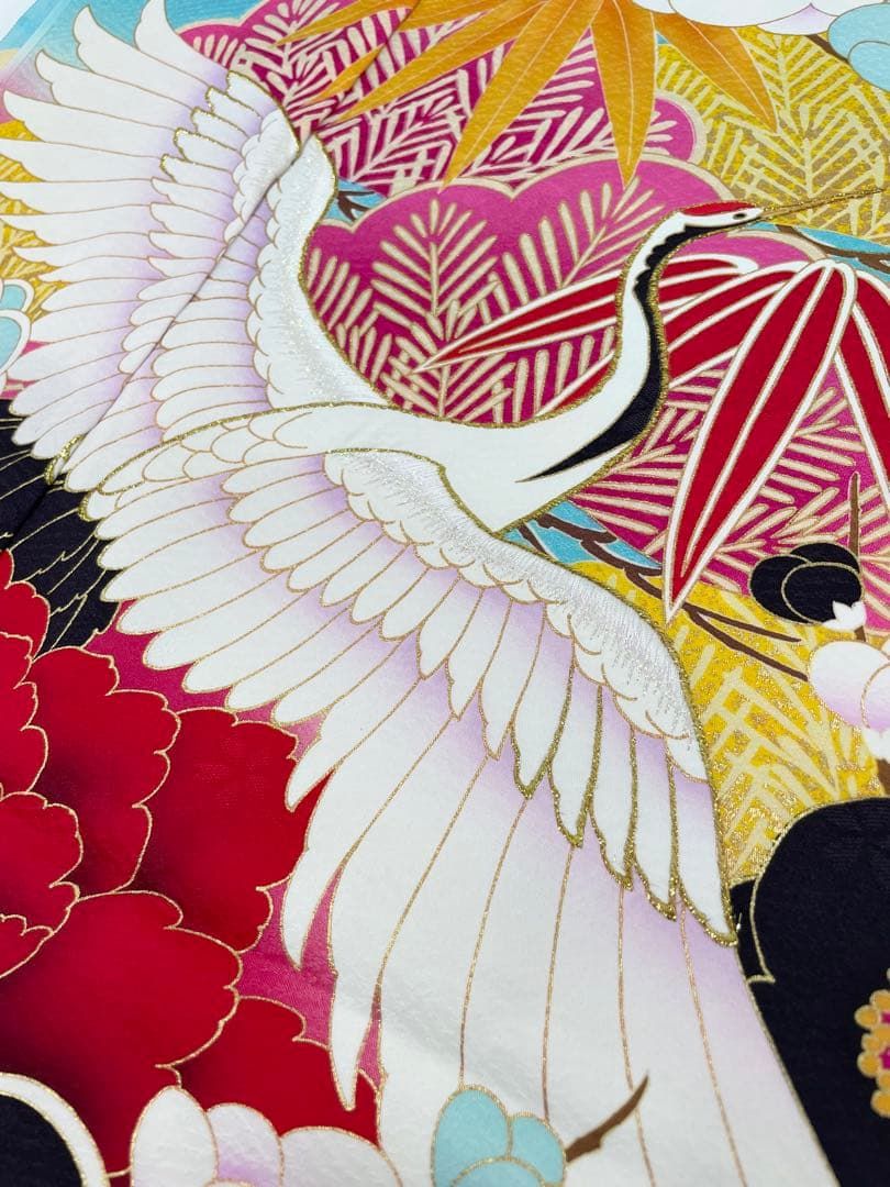 振袖 仮絵羽 金彩 紋意匠 刺繍 鶴 正絹 未仕立て品 八掛付き MOK849