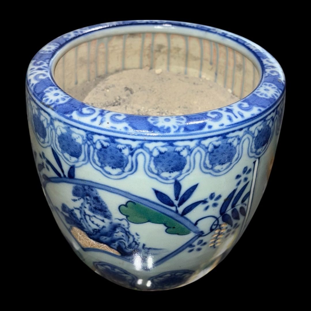 【骨董・美品】染付山水手焙 一対/2個 絵変わり 火鉢/金魚鉢/メダカ鉢 家具 骨董・美品】染付山水手焙 一対/2個 絵変わり 火鉢/金魚鉢/メダカ鉢