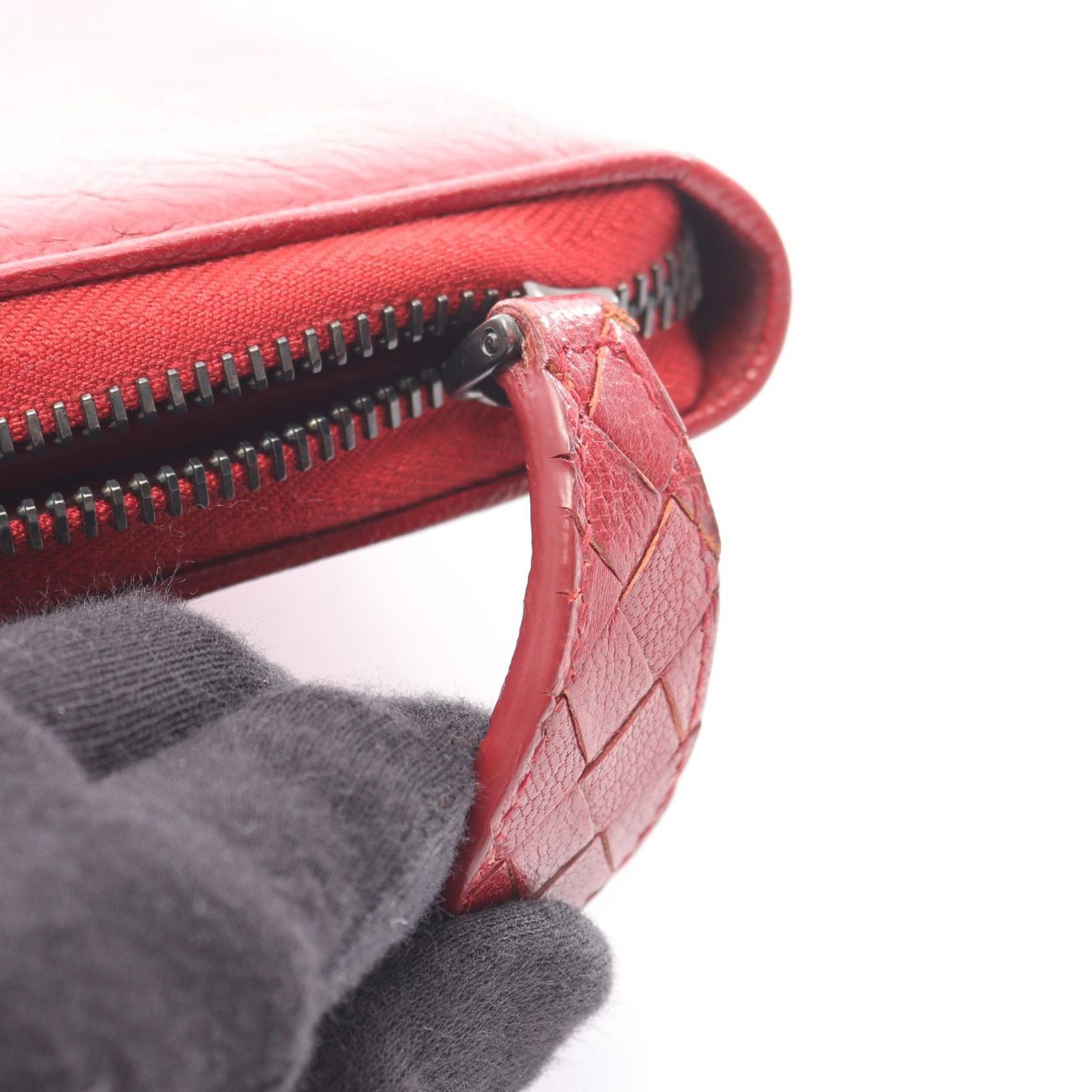 ボッテガヴェネタ BOTTEGA VENETA ラウンド長財布 レッド レザー 