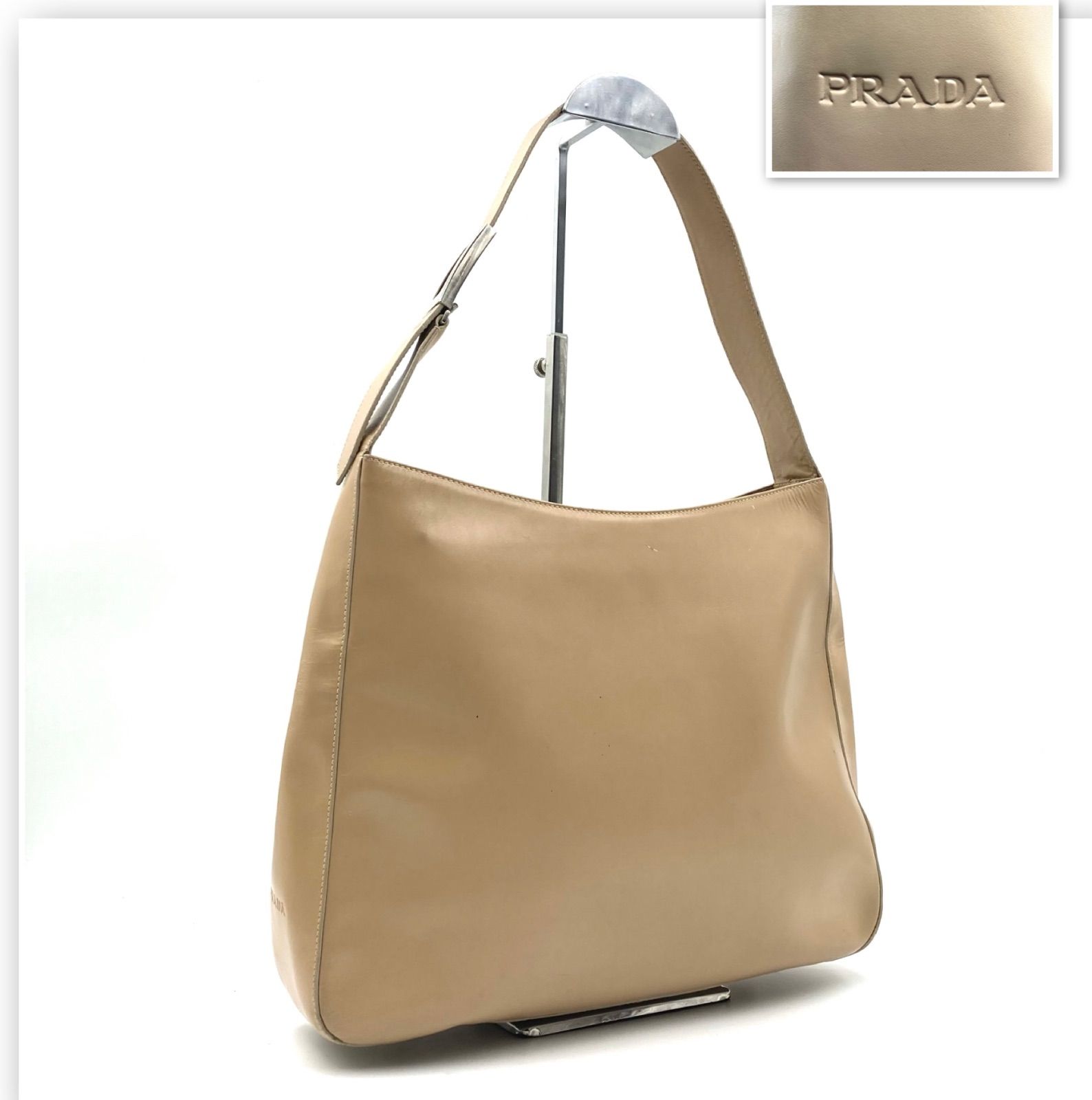 PRADA プラダ ワンショルダーバッグ ロゴ型押し レザー 本革 ベージュ