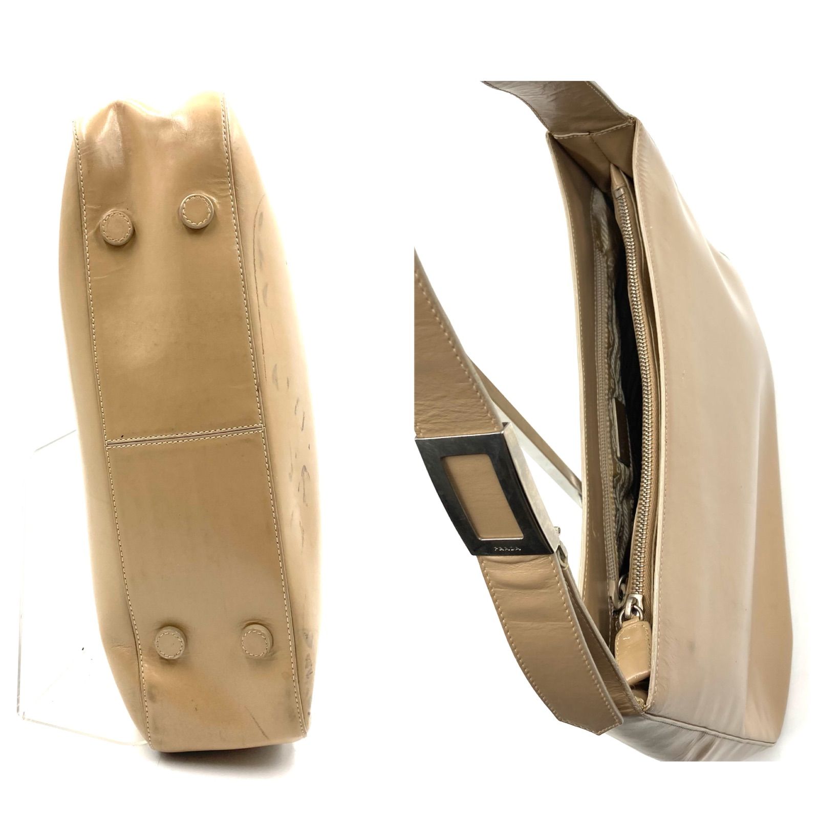 PRADA レザー ワンショルダー ベージュ肩掛け型押しロゴ PRADA プラダ ワンショルダーバッグ ロゴ型押し レザー 本革 ベージュ