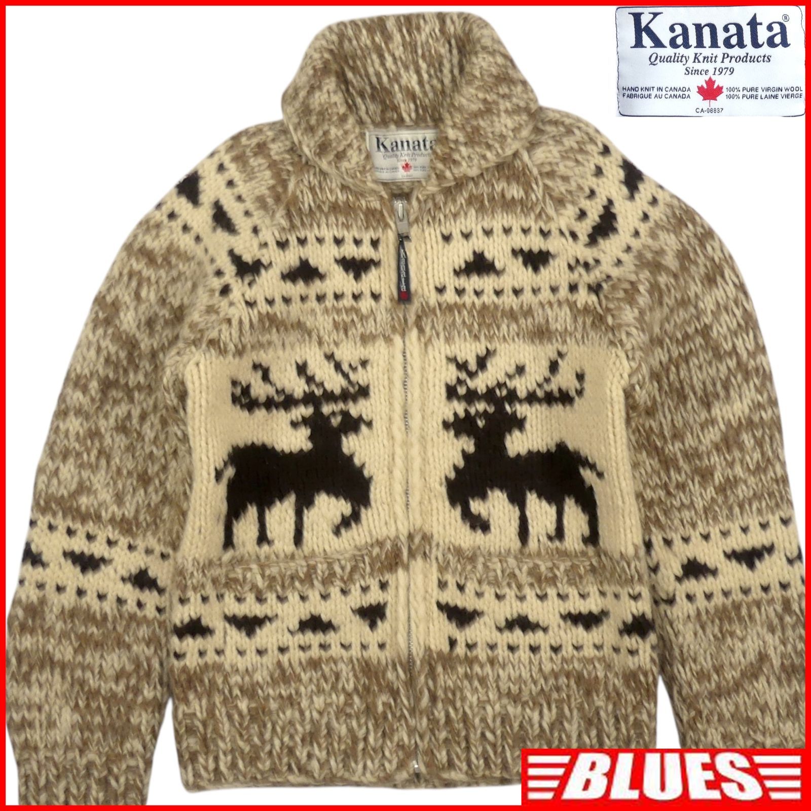90'sビンテージ古着！カナダ製 カウチンベスト 鹿 トナカイ 肉厚ハンドニット カウチンセーター kanata ニット L カナダ製 カナタ 40 茶 ベージュ