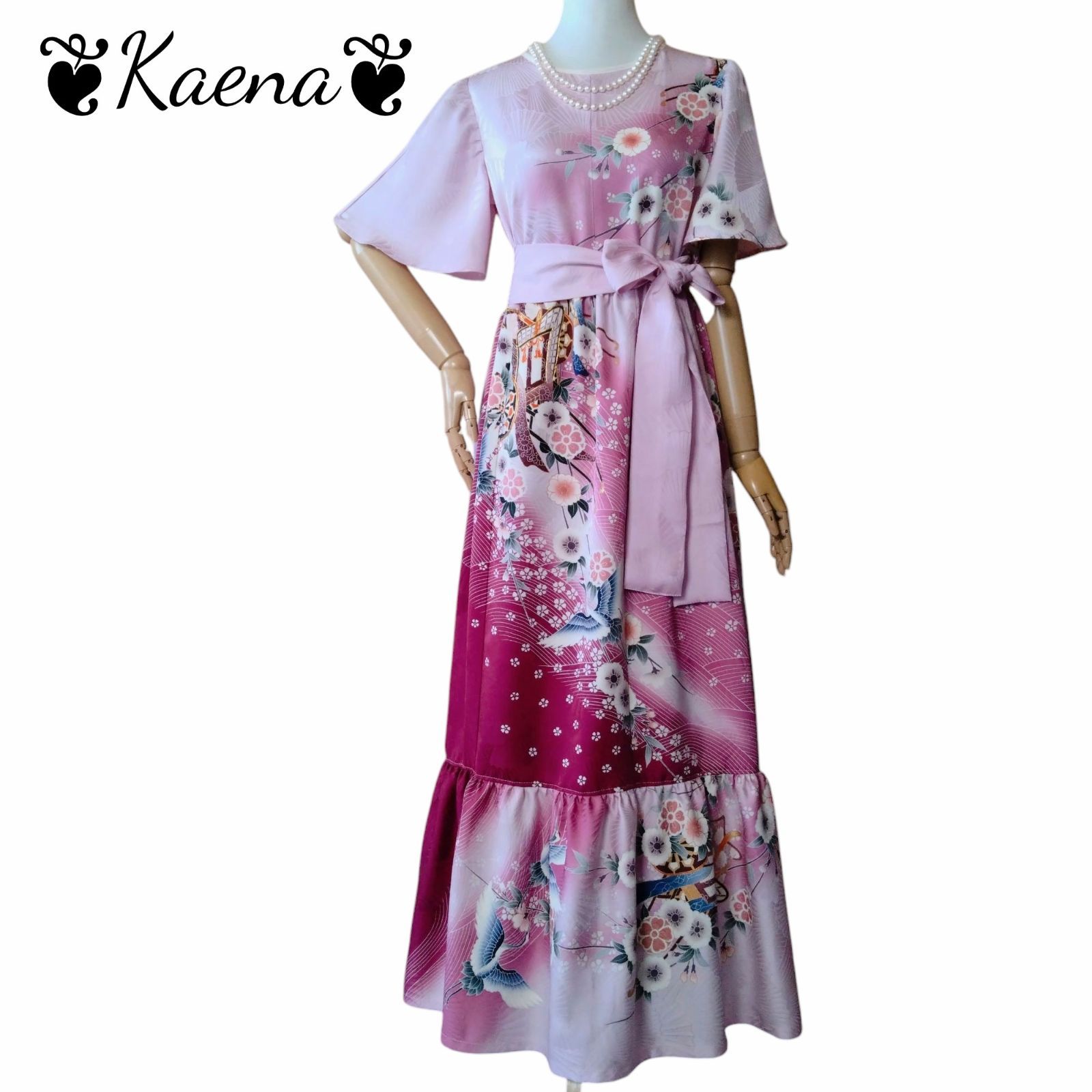 着物リメイク　ギャザー　ワンピース　振袖　ドレス　ロング　フレア　金銀彩　暈染 2091一点物の正絹振袖のドレス【着物ドレス 着物リメイクドレス 和