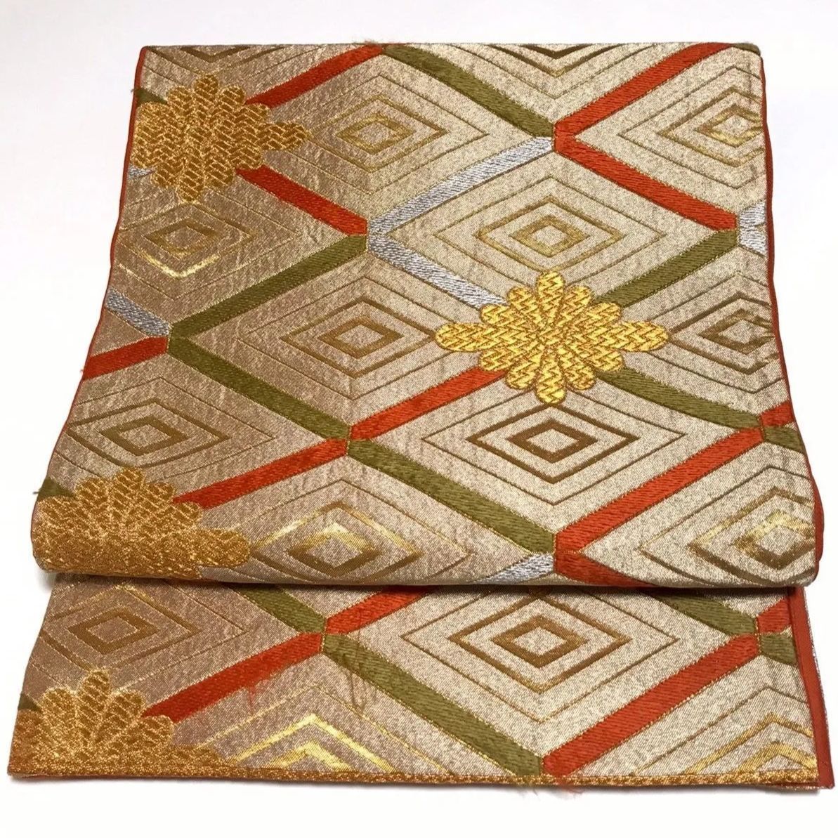 正絹　六通袋帯【菱文様】 6334］袋帯 花菱繋ぎ文様 金糸 六通 正絹 着物 フォーマル 金 - メルカリ