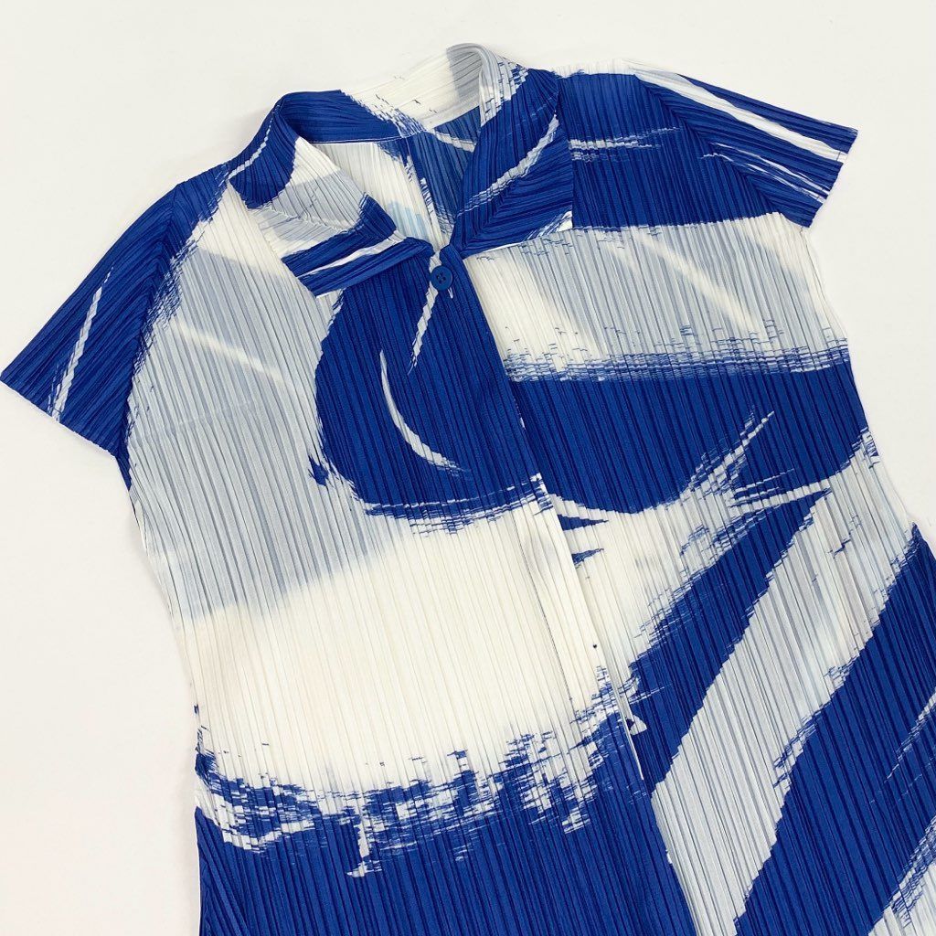 Al24【美品】PLEATS PLEASE プリーツプリーズ シャツワンピース チュニックワンピース 2022 SKY PP21-JJ712 3サイズ ホワイト ブルー ポリエステル100％ レディースk02i 32l24【美品】PLEATS PLEASE プリーツプリーズ シャツワンピース