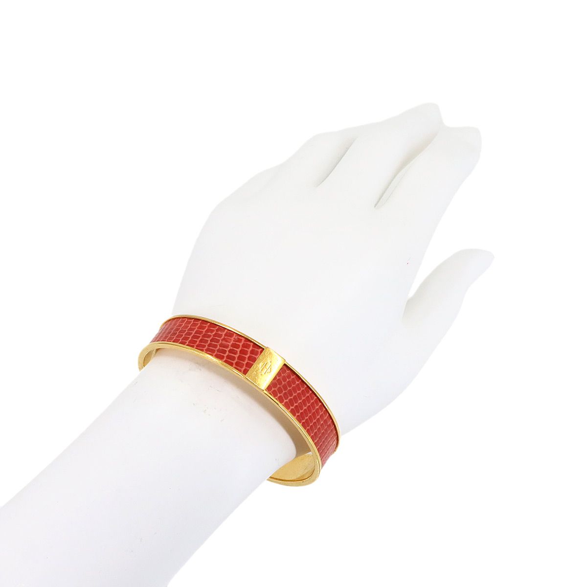 エルメス　バングル　リザード　レッド×ゴールド エルメス HERMES リザード バングル ブレスレット レッド ゴールド