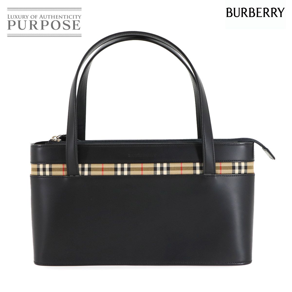 BURBERRY ハンドバッグ ブラック ノバチェック レザー キャンバス 新品同様 バーバリー BURBERRY ハンド バッグ レザー キャンバス