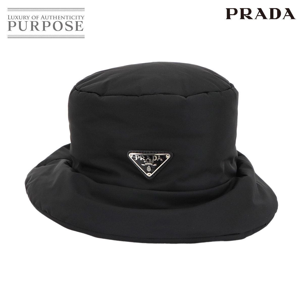 美品 PRADA プラダ バケットハット ロゴ トライアングル ブラックM 美品 PRADA プラダ バケットハット ロゴ トライアングル ブラックM