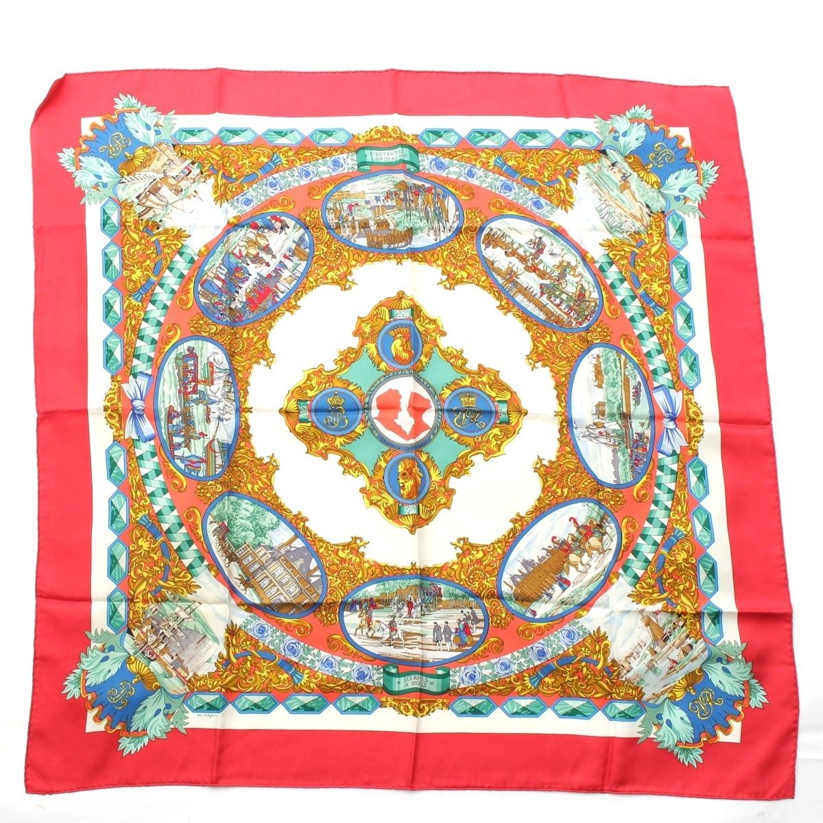 HERMESスカーフ 仏英同盟 エルメス カレ90 シルク 仏英同盟 スカーフ レッド マルチカラー【中古