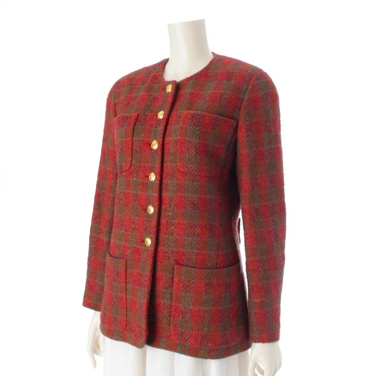 シャネル ツイード 格子柄 ココボタン ノーカラージャケット オレンジ