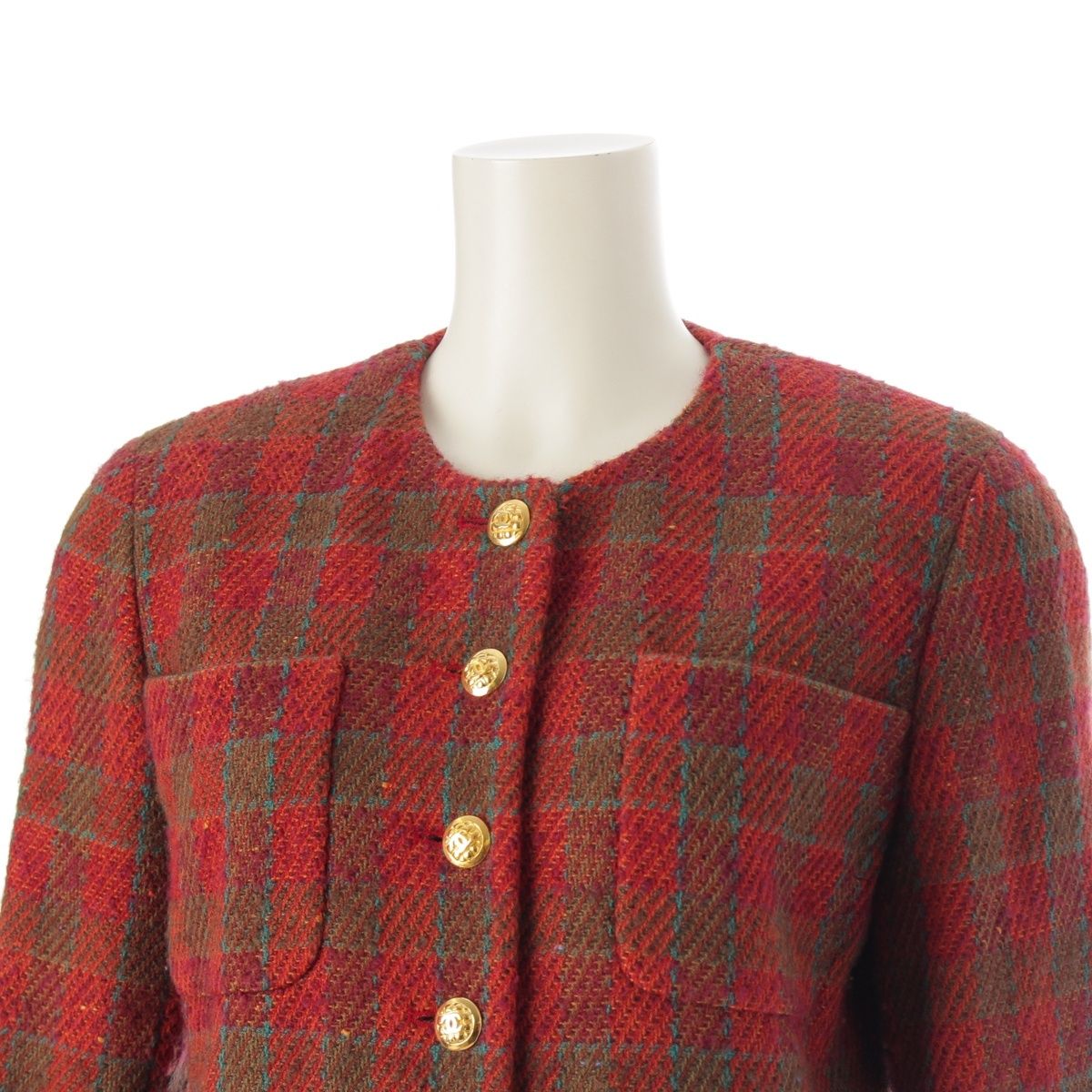 シャネル ツイード 格子柄 ココボタン ノーカラージャケット オレンジ