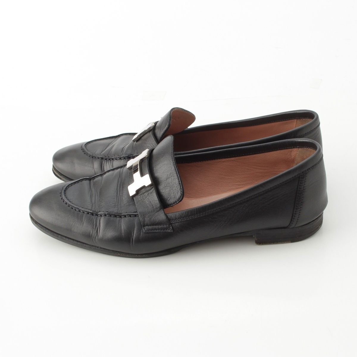 エルメス パリ レザー H金具 モカシン ローファー シューズ ブラック