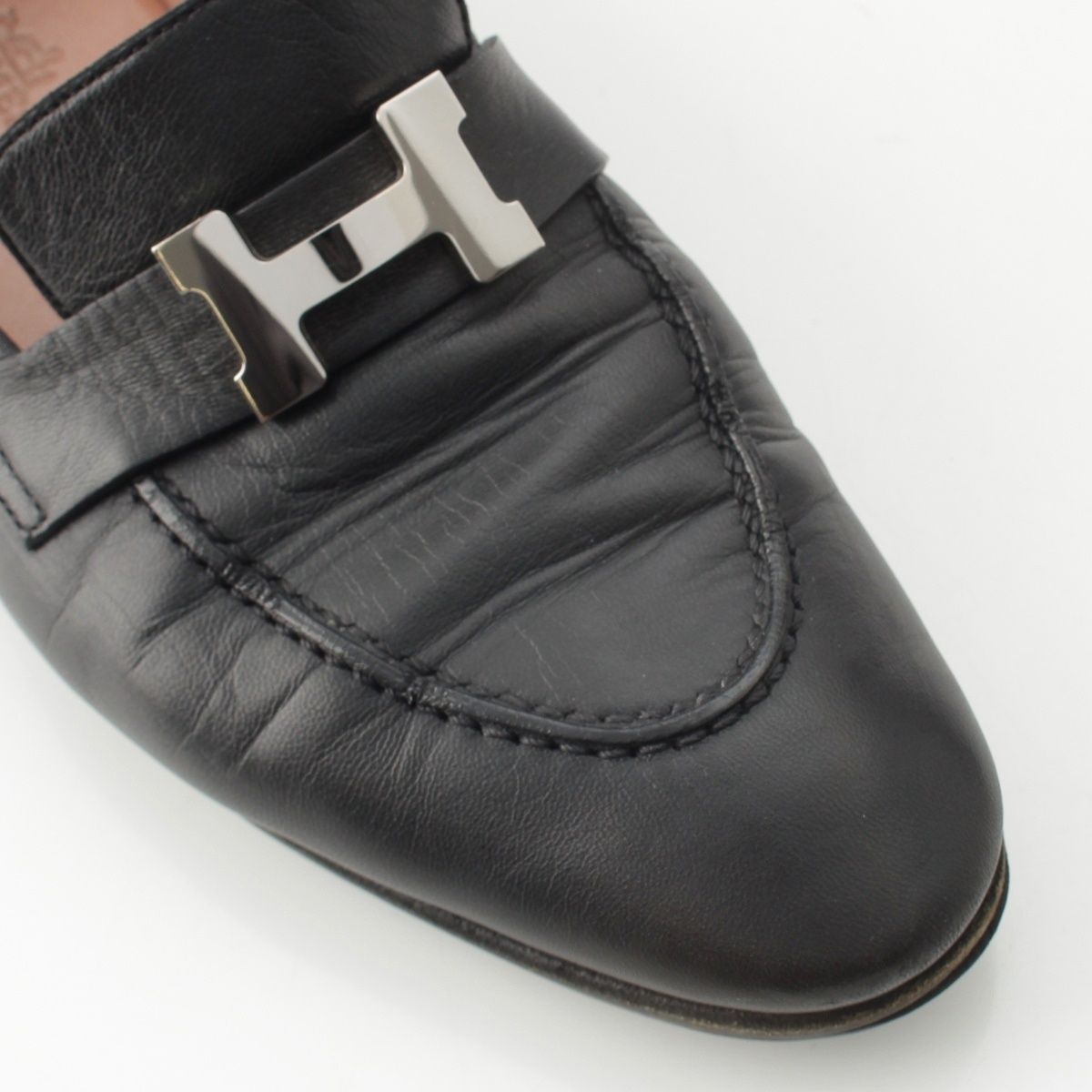 エルメス パリ レザー H金具 モカシン ローファー シューズ ブラック