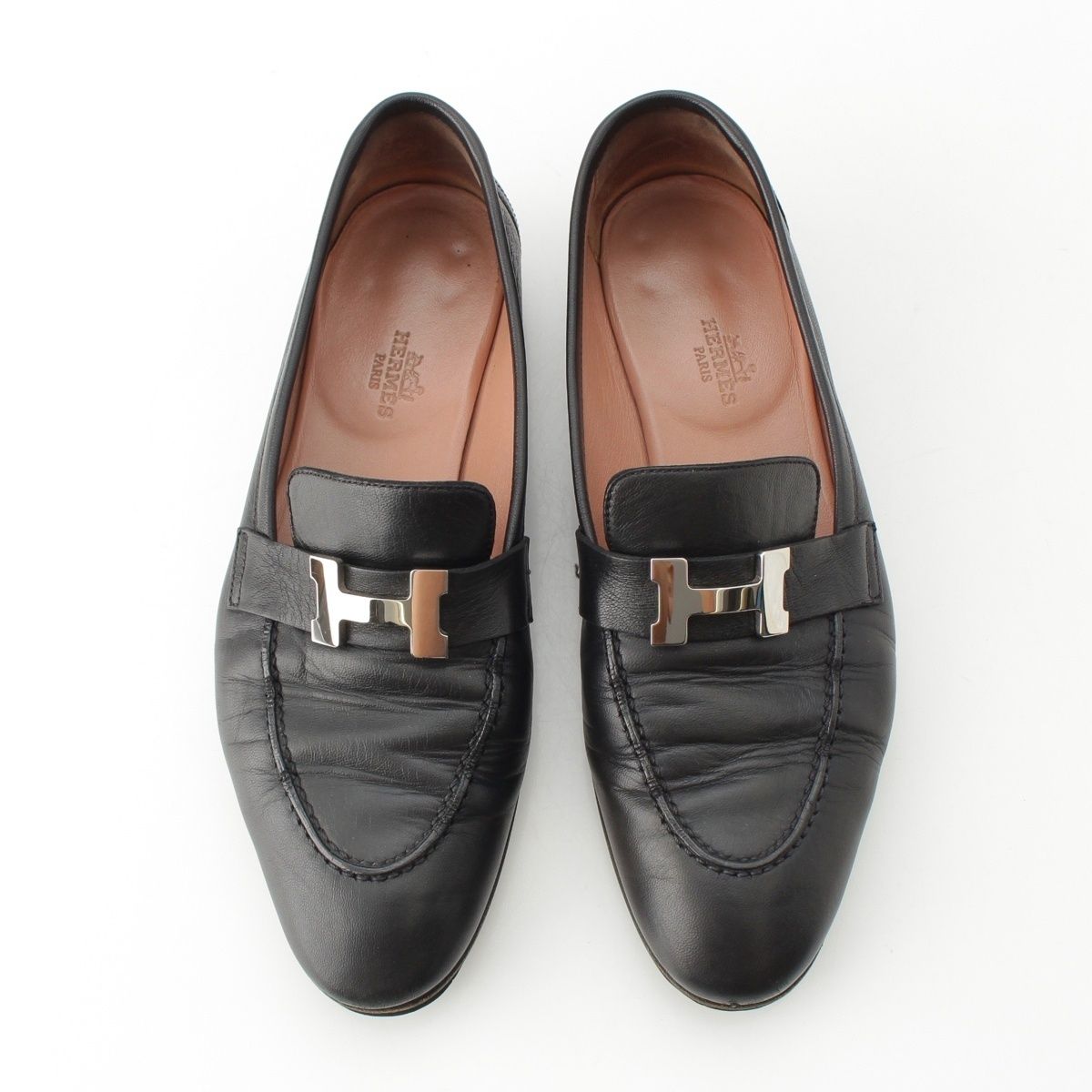 エルメス パリ レザー H金具 モカシン ローファー シューズ ブラック