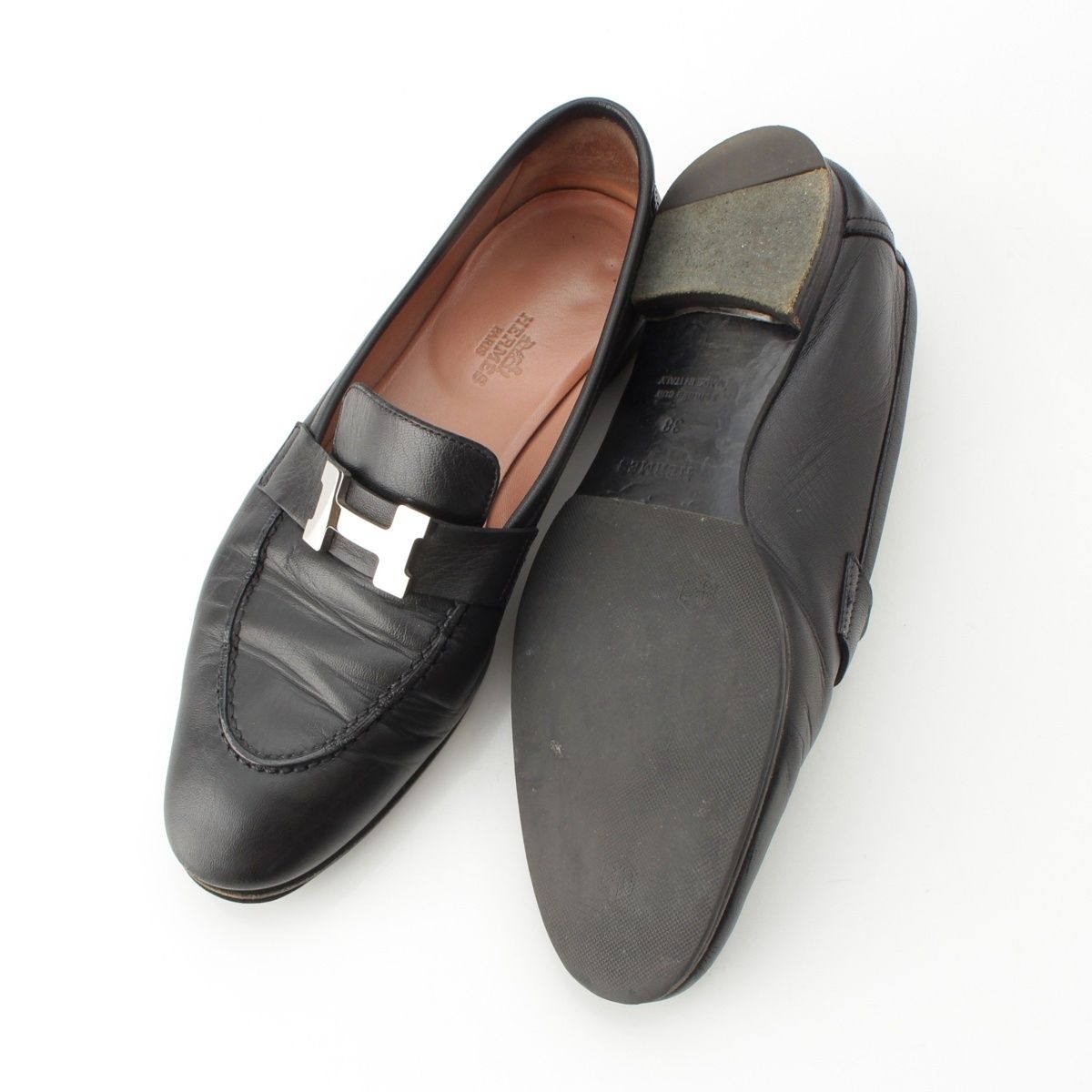 最終値下 未使用級HERMES モカシンパリ 38 ブラック シルバー金具 エルメス パリ レザー H金具 モカシン ローファー シューズ ブラック