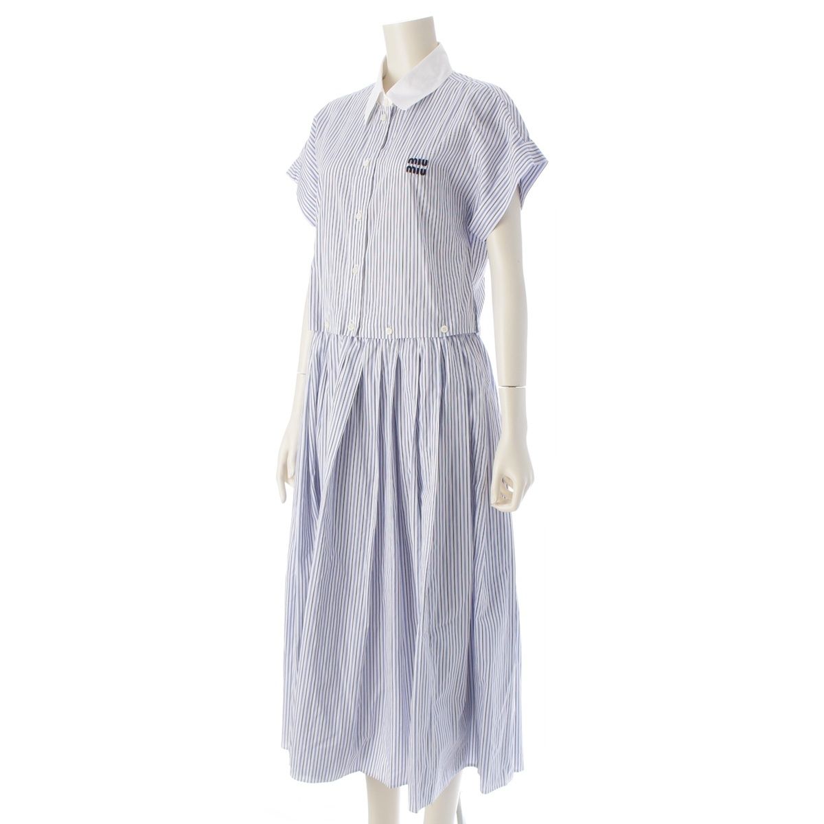 MIU MIUプリーツ入り チェック ポプリン ドレス ライトブルー＋ネイビー プリーツ入り チェック ポプリン ドレス | Miu Miu