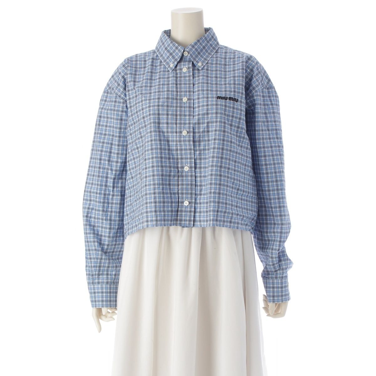 ミュウミュウ 24-25年 コットン ロゴ刺繍 チェック ポプリン ショート