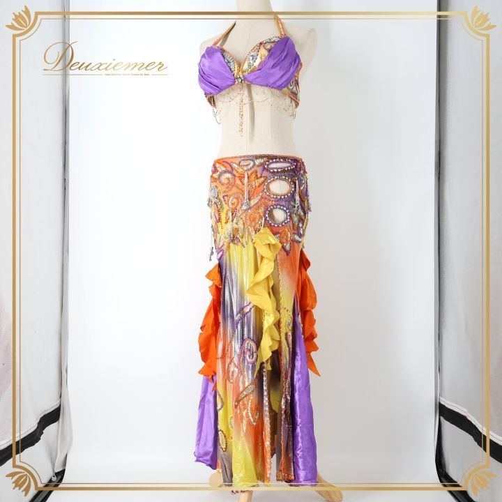 【ベリーダンス用 オリエンタル衣装】オレンジ×ピンク ラインストーン フリル ベリーダンス用 オリエンタル衣装】オレンジ×ピンク ラインストーン