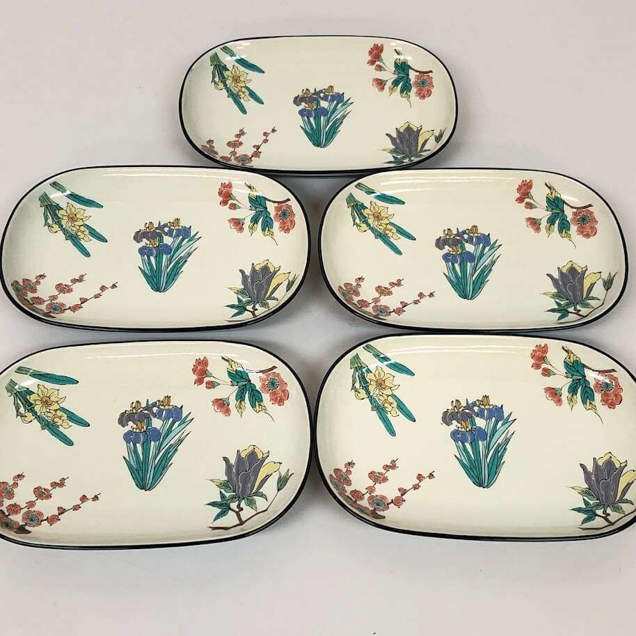 ss8255 【中古】 九谷焼 玉苑窯 銘々皿 5枚セット 絵付け 春の花 梅 桜