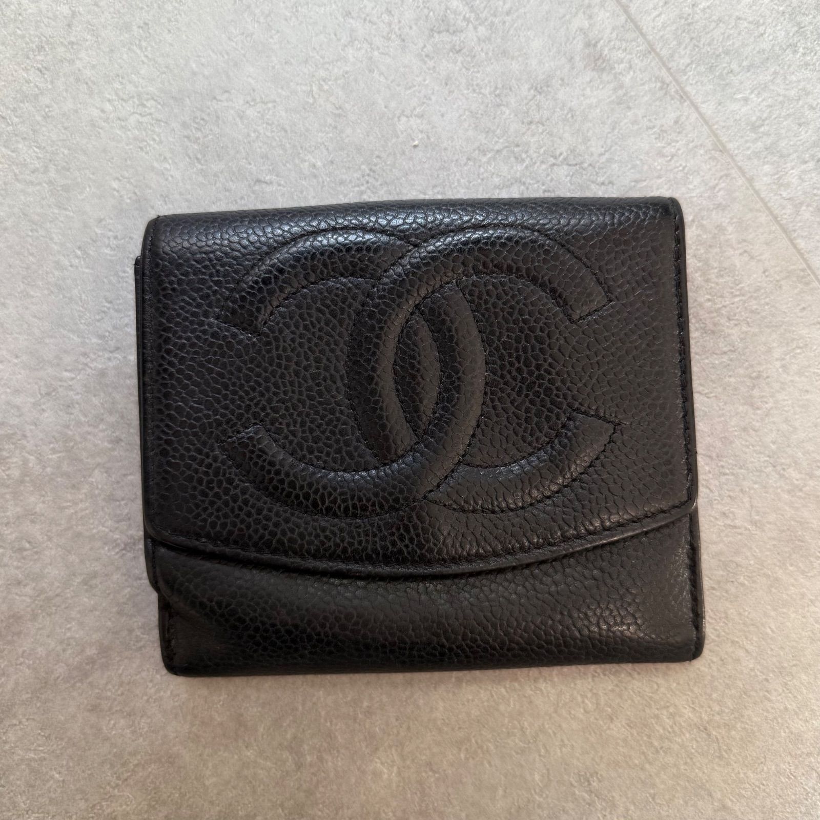 最終価格【超極美品✨】シャネル 財布 デカココ キャビア Wホック 二つ折 黒 CHANEL シャネル キャビアスキン ココマーク 二つ折り財布 wホック