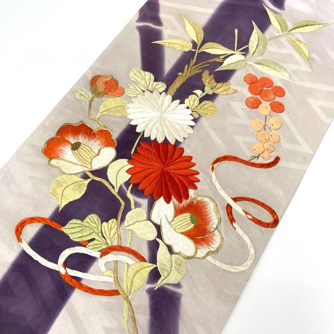 着物と帯 時流】N25362s◇正絹 アンティーク名古屋帯◇刺繍 薄グレー