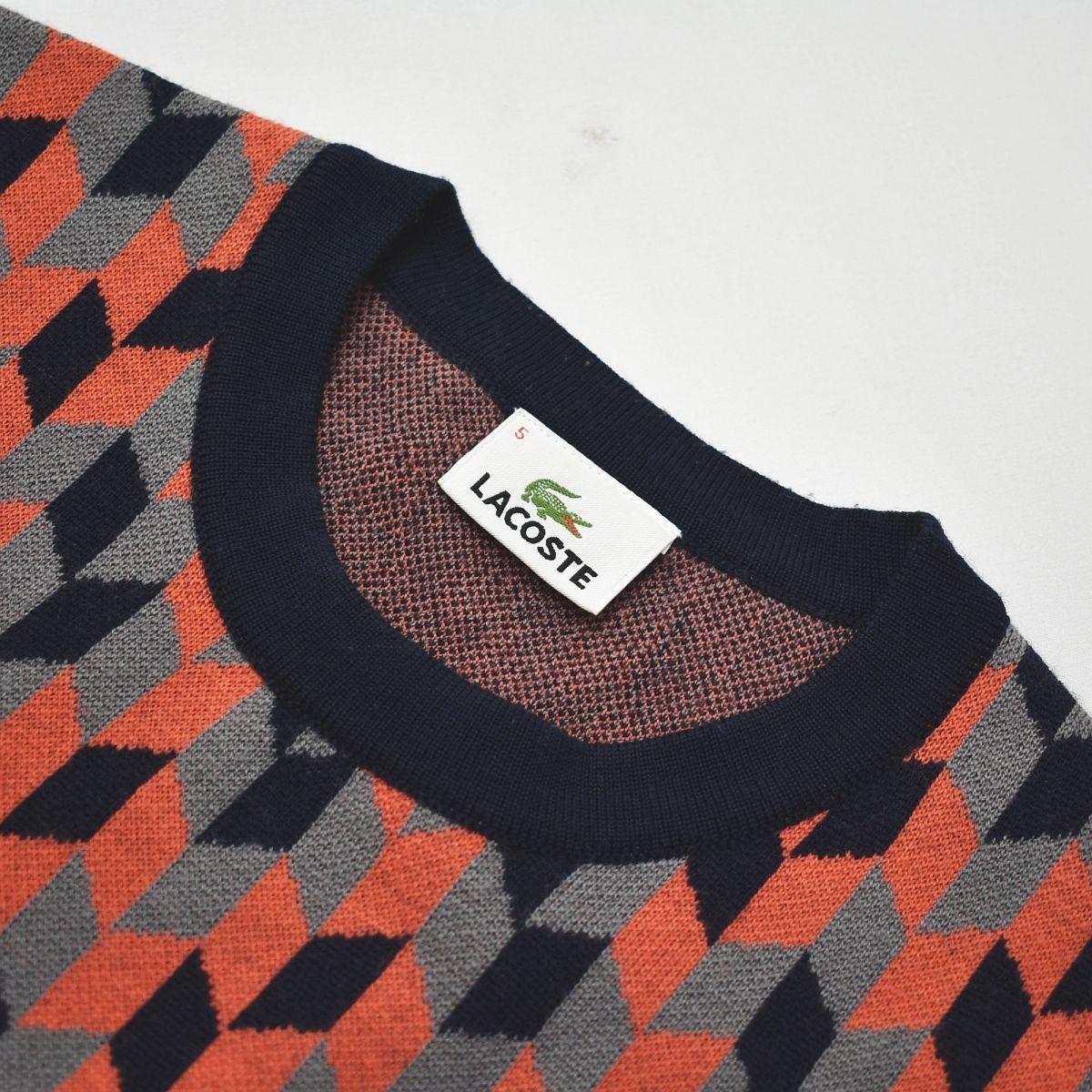 個性派】ラコステ LACOSTE メリノウール ニット セーター 5 幾何学柄 