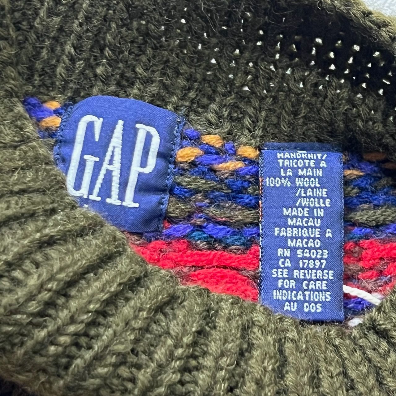 90s macau GAP 総柄 ノルディック柄 ALL PURE WOOL ハイネック ニット 
