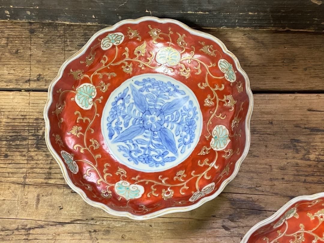 古伊万里 オランダ唐草花文 錦手金彩 染錦 刺身皿 5客セット 菱形 色絵 向付 古伊万里 オランダ唐草花文 錦手金彩 染錦 刺身皿 5客セット