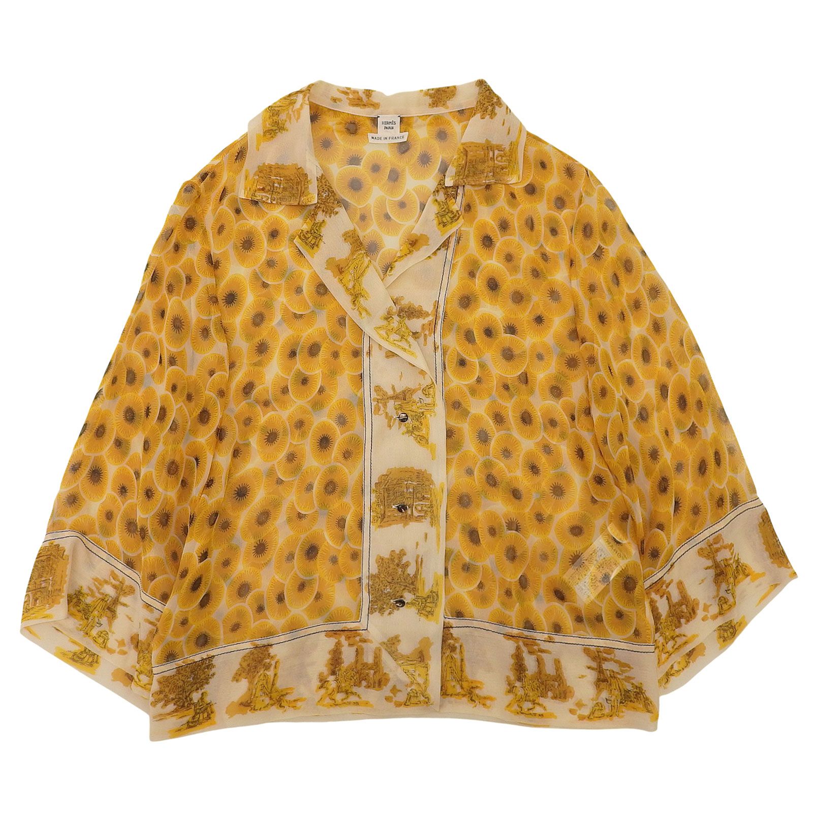 極美品△HERMES エルメス シルク100％ シアー フラワー 七分袖