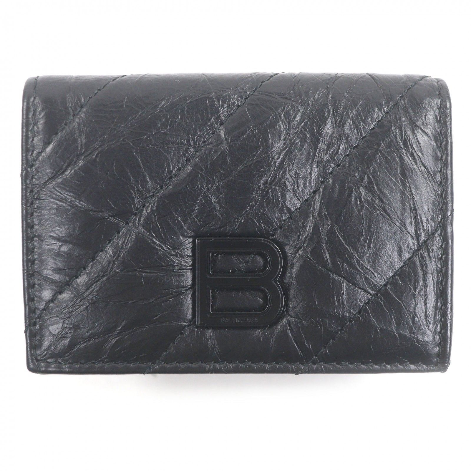 2026，本物保証 極美品□BALENCIAGA バレンシアガ 766463 Crush クラッシュ レザー Bロゴ金具 三つ折り財布 ミニウォレット ブラック イタリア製 メンズ 三つ折り財布